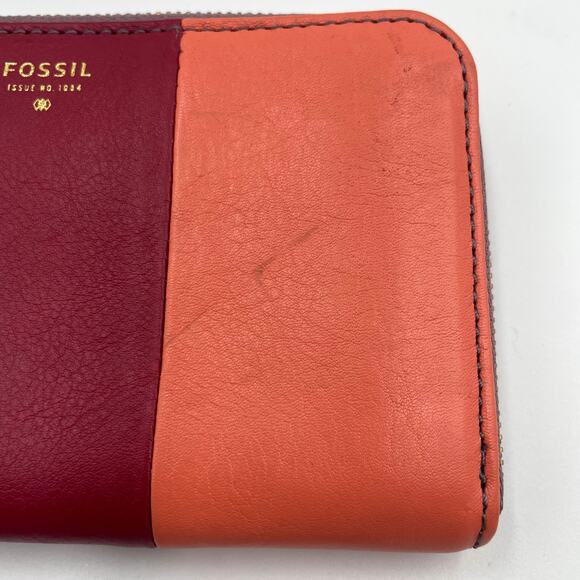 Fossil Sydney Zip Card Wallet Multi-Color Leather Colorblock Red Orange Pink - Picture 2 of 6